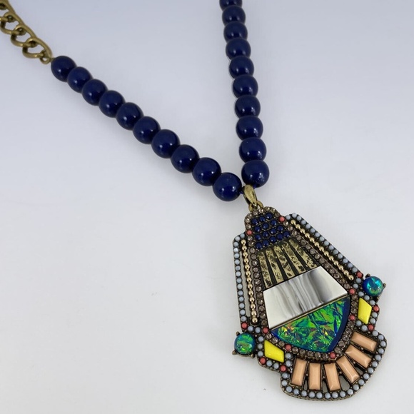 BAUBLEBAR Antiqued Gold-Tone Beaded Multi-Stone Deco Style Pendant Necklace - Picture 3 of 3